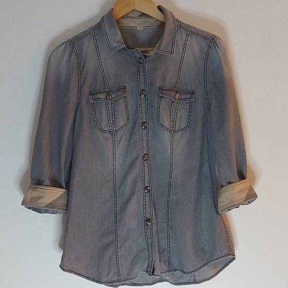 Burberry Tops - Burberry Brit Gray Chambray Button Down Shirt with Plaid Cuffs Size Large